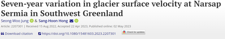 Seven-year variation in glacier surface velocity at Narsap Sermiain Southwest Greenland. THUMBNAIL